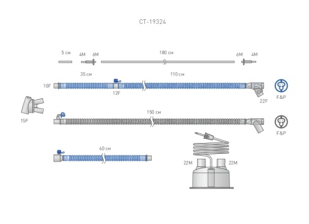 Контур неонатальный с обогревом , длина 110 см, диаметр 10 мм, угловой коннектор, F&P двойной провод нагрева,  дополнительный шланг 60 см, камера увлажнителя